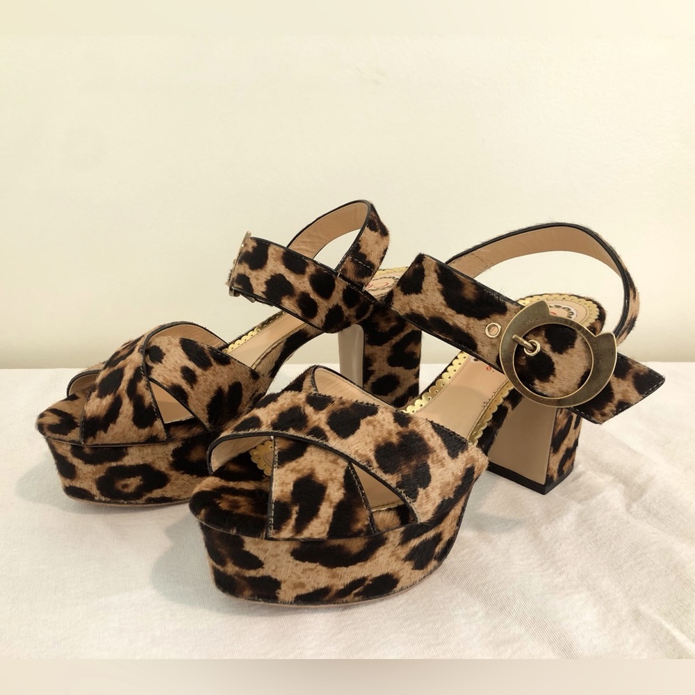 Charlotte Olympia Leopard Print Calf Hair Platform Heels Tan Black 37